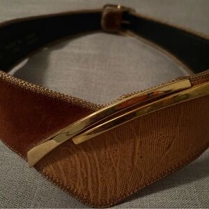 Elegant Brown Suede genuine leather Belt with Gold Details V-shape 35”L